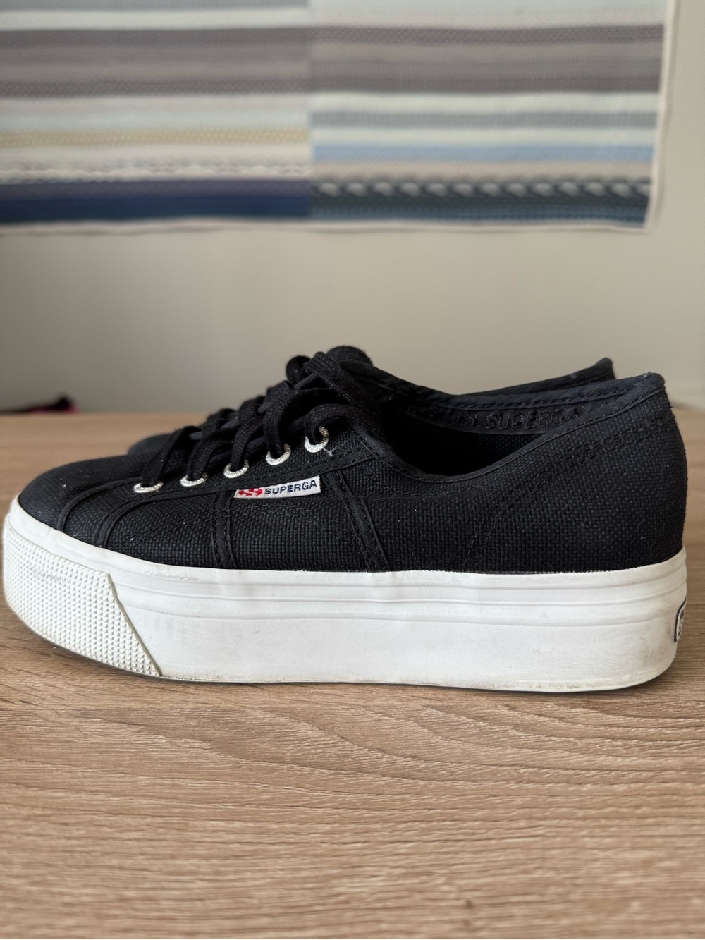 Superga Black Canvas Platform Sneaker with White Sole